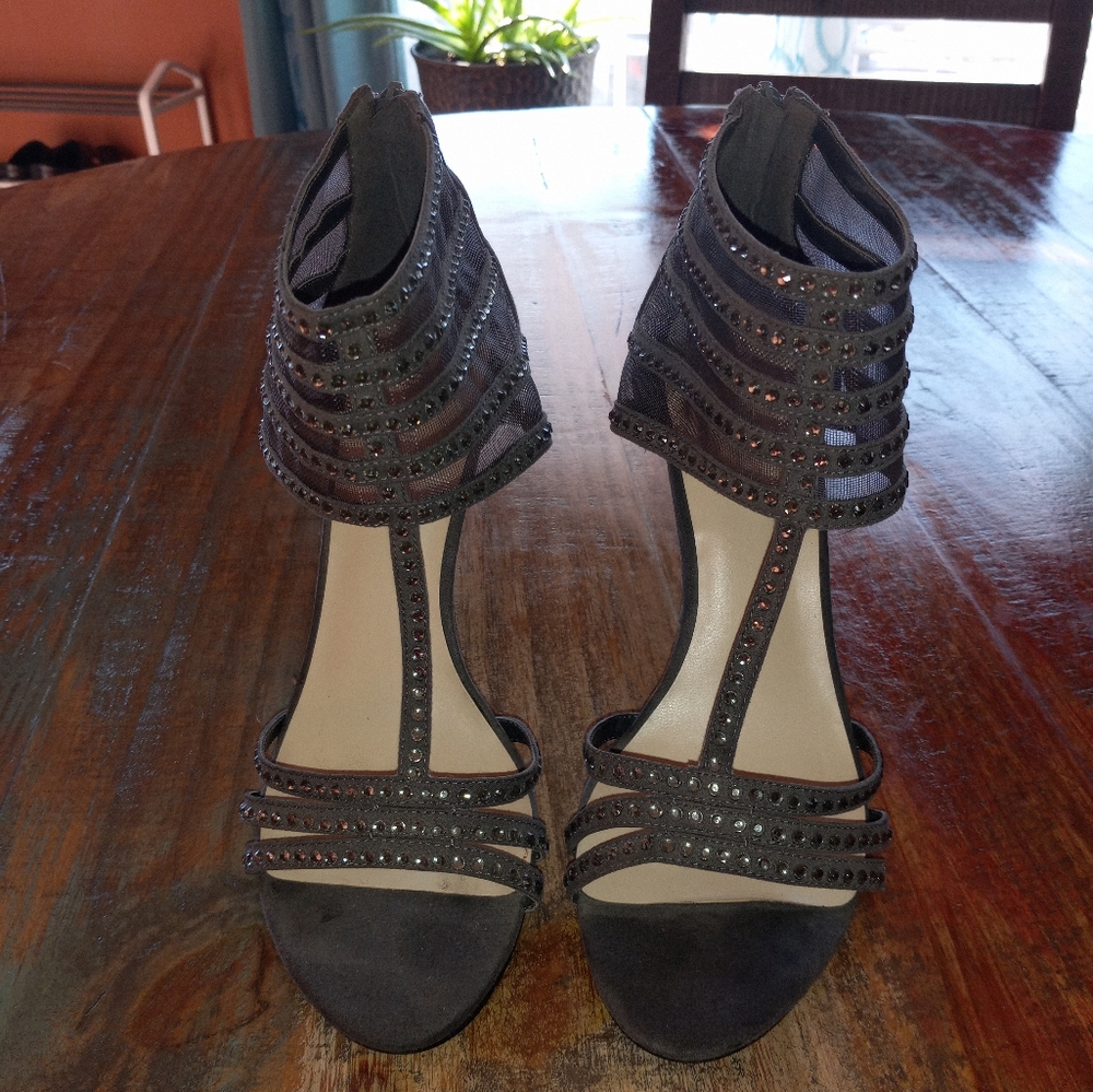 NineWest Gray Suede Open Toe Heels